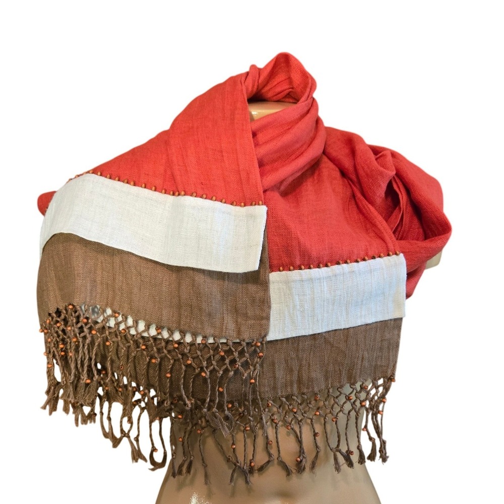 Lafayette 148 New York Linen Orange Brown Wood Beaded Fringe Scarf Shawl Wrap